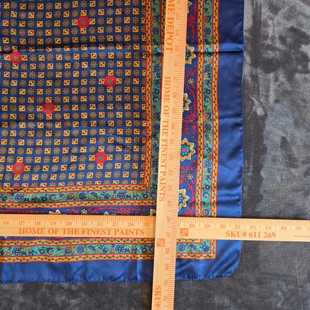 Vintage Paris Accessories Satin Scarf Navy Blue Floral Geometric Made in Italy
